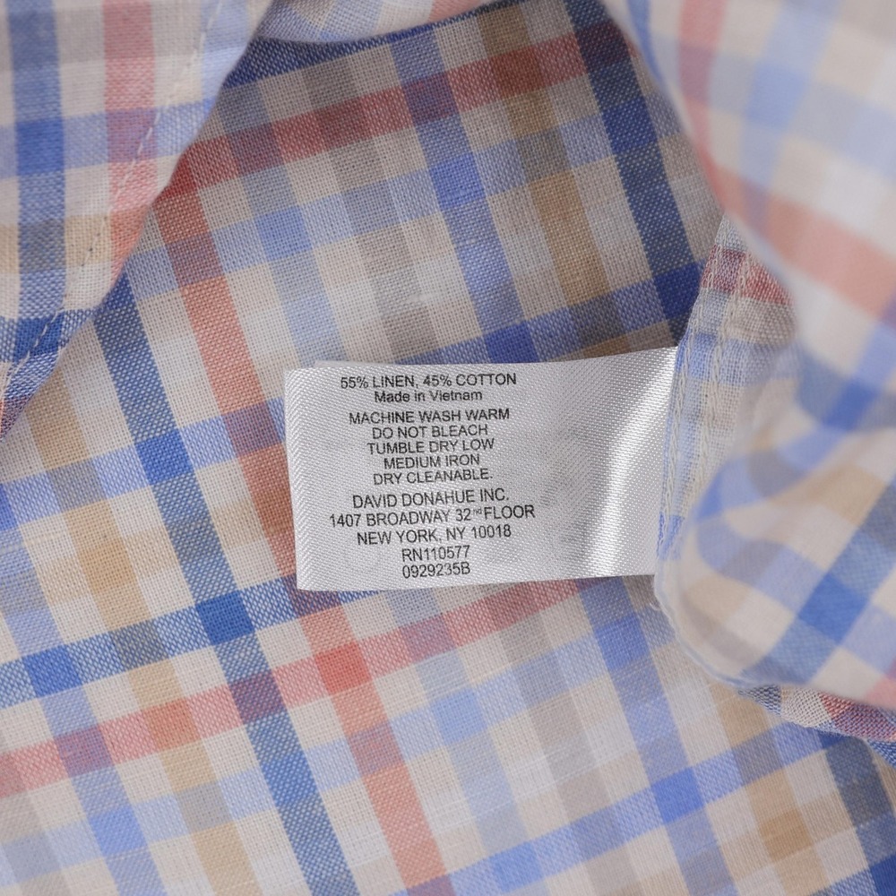 David Donahue Shirt Mens Medium Blue Pink Tan Plaid Short Sleeve Linen Blend - Picture 10 of 12
